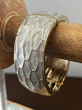 Enameled Clamper Bracelet Gray Silver Marble Pattern Gold Tone Accents